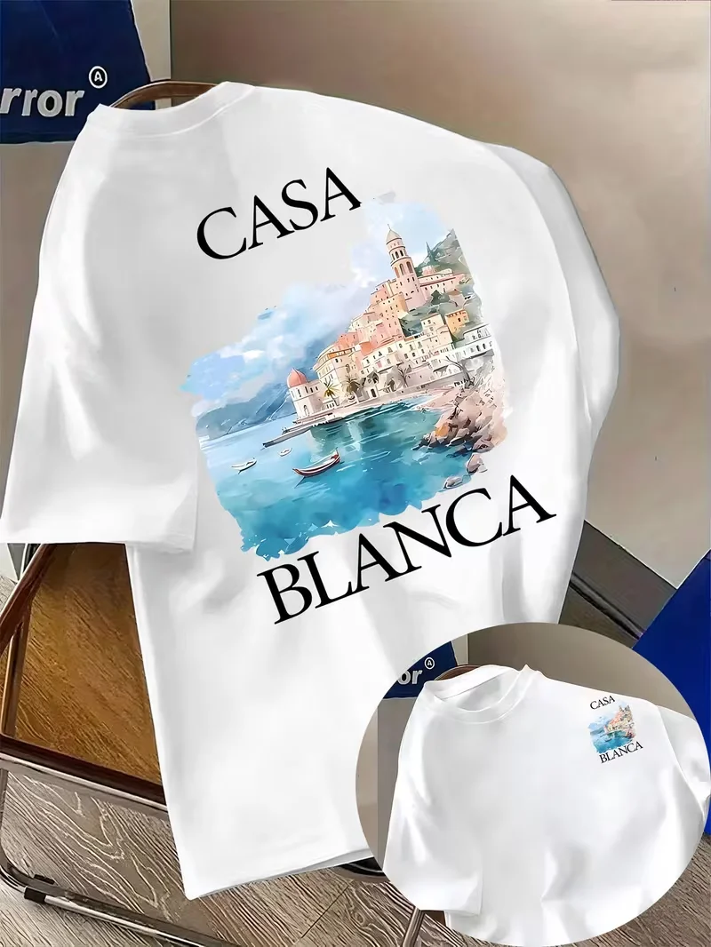 T-shirt graphique paysage côtier Casablanca, tee-shirt décontracté à imprimé rétro pour vacances d'é