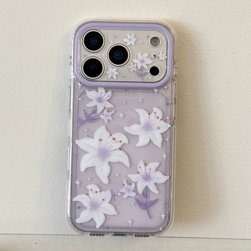 Frühlingshafte, glitzernde Lilien-Blumen-Handyhülle: Stoßfeste, funkelnde Schutzhülle für iPhone 17 Pro Max, 16, 15 Pro Max – Glitzernde, transparente Abdeckung