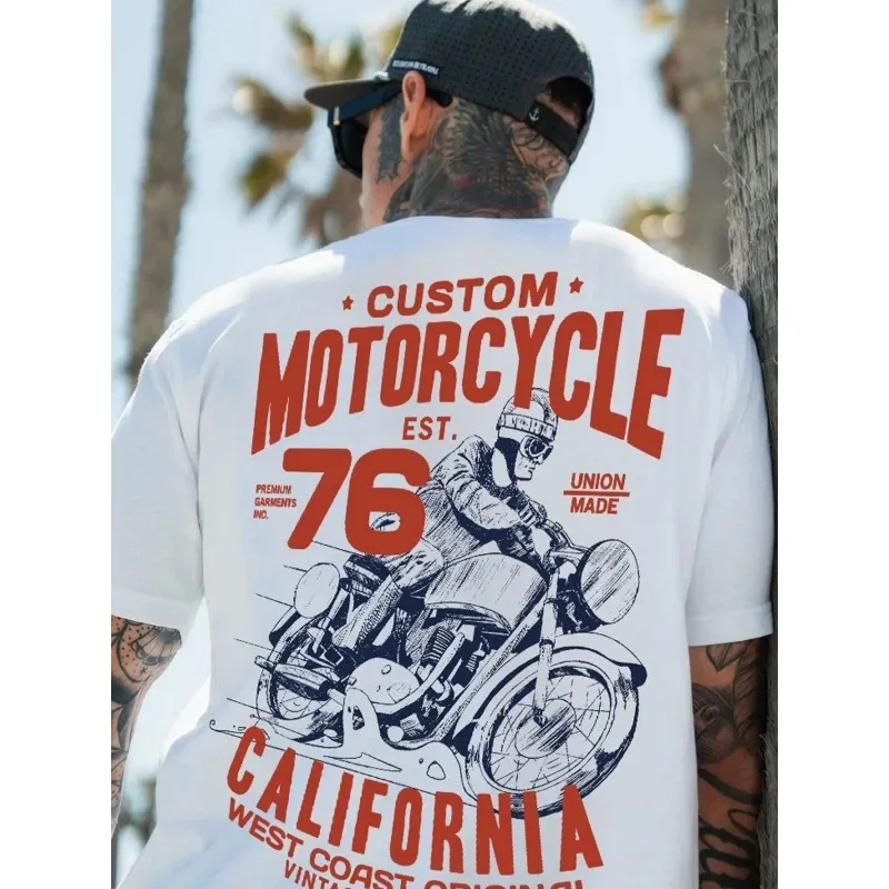 Retro Pure Cotton Thick Motorcycle Print Loose Short Sleeved T-shirt Men's American Trendy Brand Tee