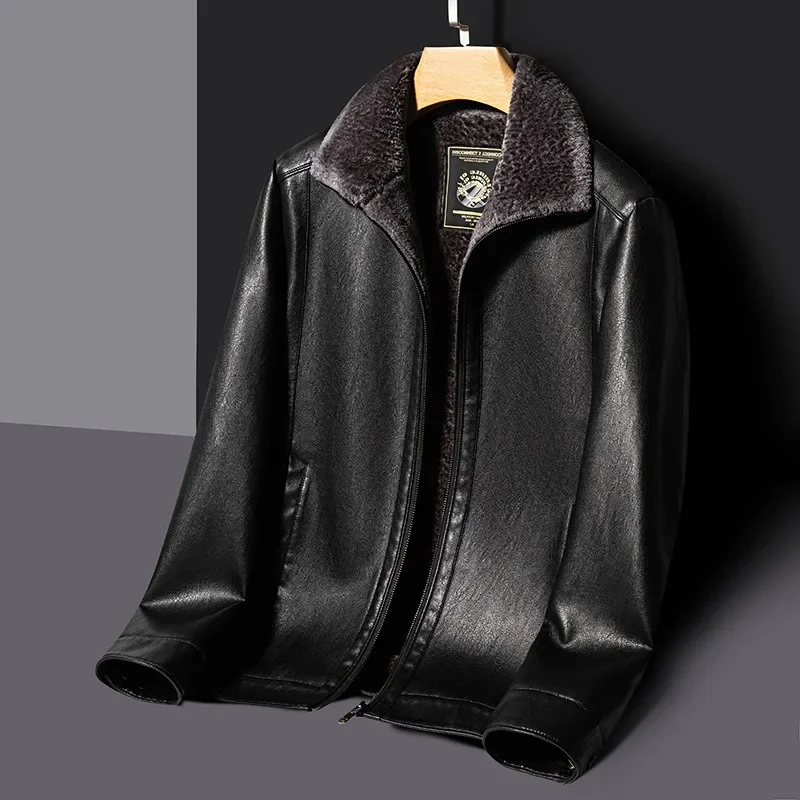 Winter Cold-Proof Middle-Aged and Elderly Men Lapel Leather Jacket Men Fleece-Lined Thicken Casual Large Size Leather Coat