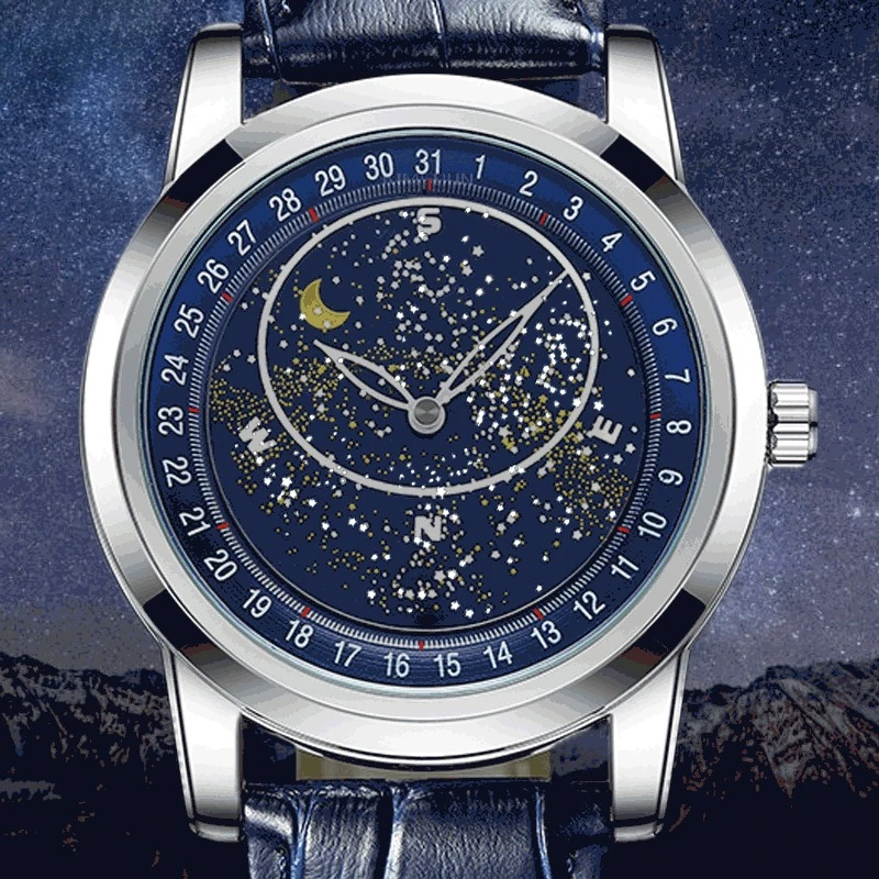 Stainless Steel New Rotating Full Starry Sky Luminous Waterproof Precision Leather Strap Self-Wind Automatic Watch for Men