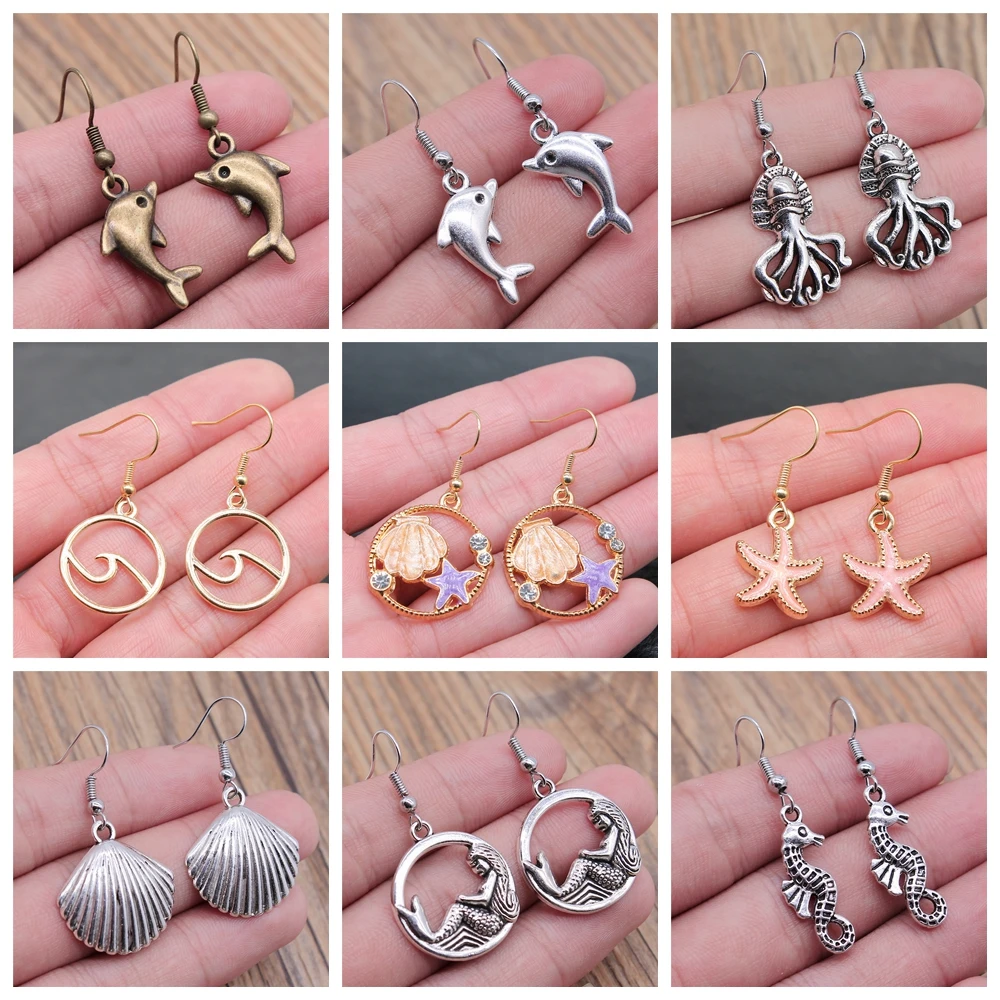 54 Styles Marine Style Fashion Girl Women Earrings Starfish Wave Conch Shell Mermaid Dolphin Octopus Hippocampus Turtle Earrings