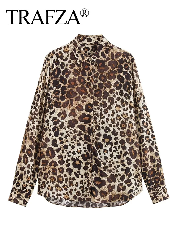 TRAFZA Summer Female Elegant Turn-down Collar Leopard Printed Shirt Women's Single-Breasted High Street Long-Sleeved Shirt Mujer