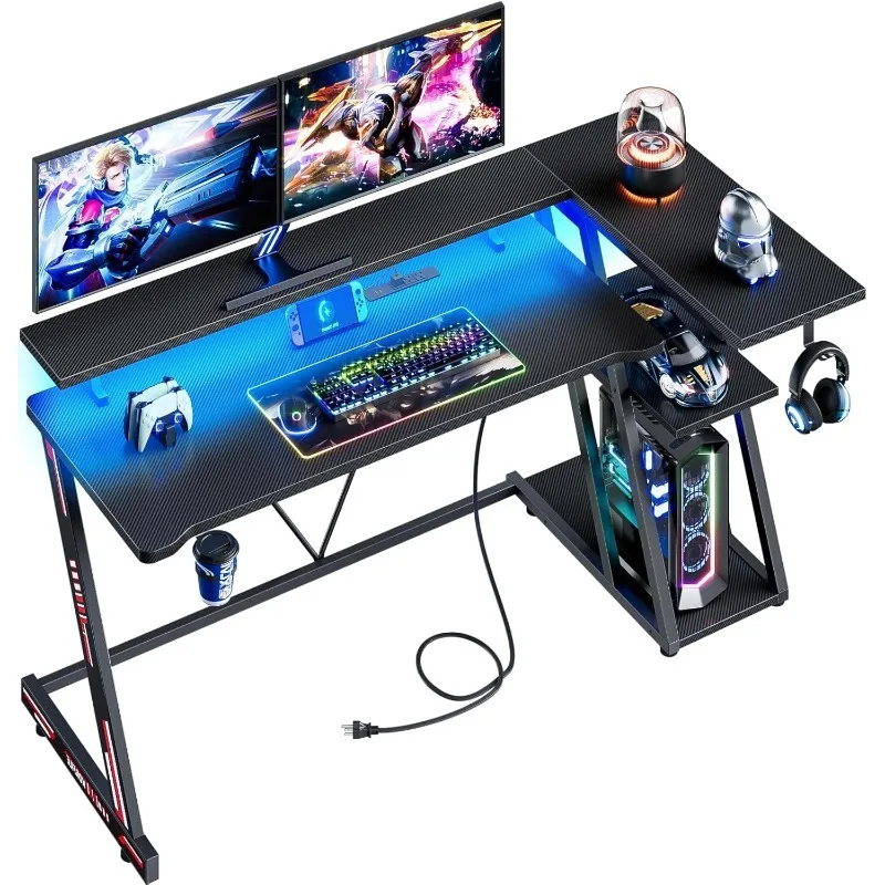 Reversible Gaming Desk with Power Outlet & LED Lights, Corner Computer Desk with 3 Tiers Storage Shelves, Home Office Desk