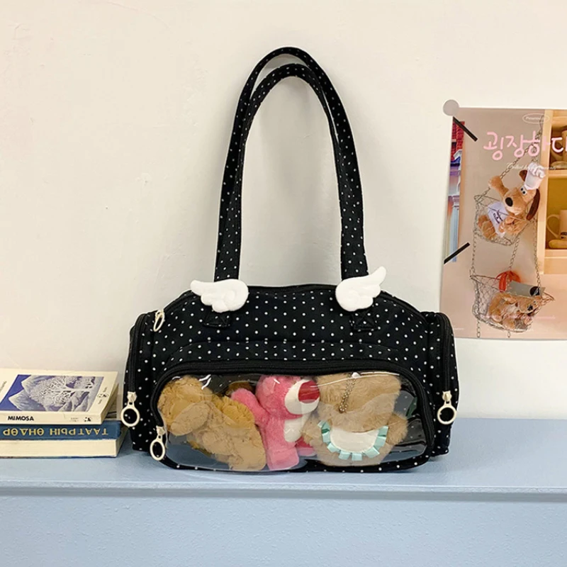 Angel Wings Ita-Tasche mit transparentem Sichtfenster, Damen-Umhängetasche im japanischen Stil, vielseitige Polka-Dot-Handtasche für den täglichen Pendelverkehr – Detail 8