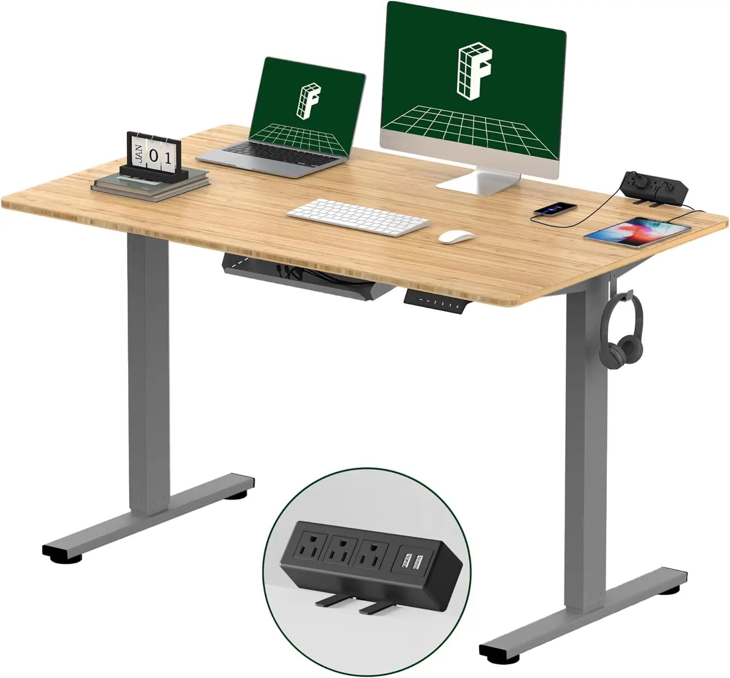 Flexispot En2 Whole-Piece Standing Desk With Clamp Power Strip, 48 X 24'' Electric Stand Up Height Adjustable Desk With Cable