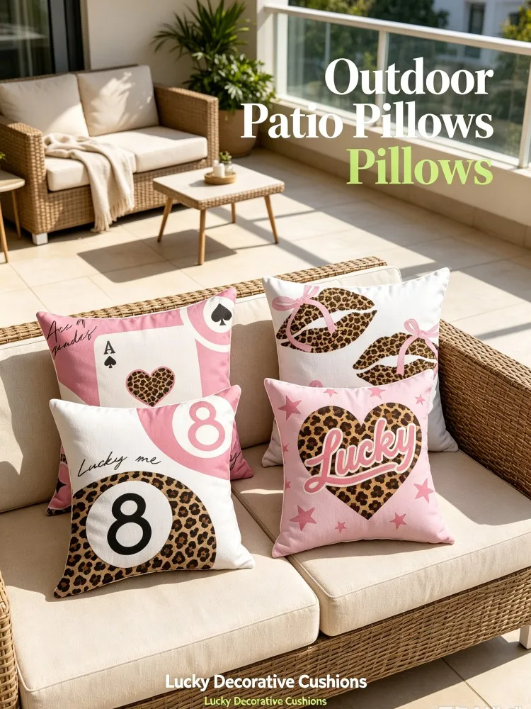 New Arrival Pink Leopard Lucky Theme Pillow Covers, Playing Card 8 Ball Heart Lip Print Square Cushion Cases, Decorative Throw P