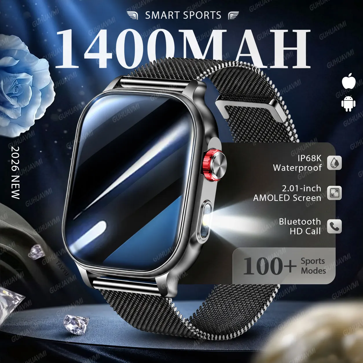 New Fashion 1400mAh Battery Smart Watch 100+Sports & Swim Control LED Flashlight Heart Rate Blood Oxygen Bluetooth HD Call Watch