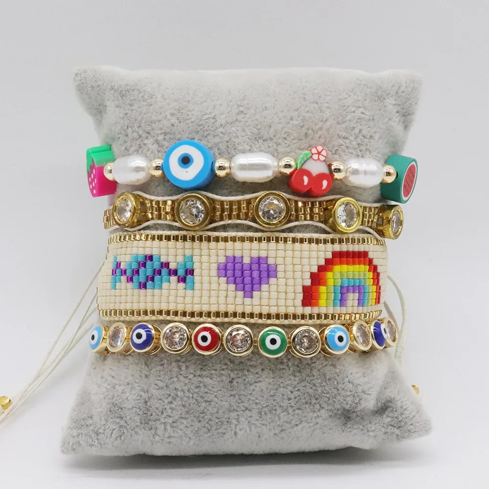 Rice bead bracelet suit  Hand woven  rainbow  love  Pearl  eye  zircon  Bohemia  Adjustable  Unisex  Beaded Bracelet