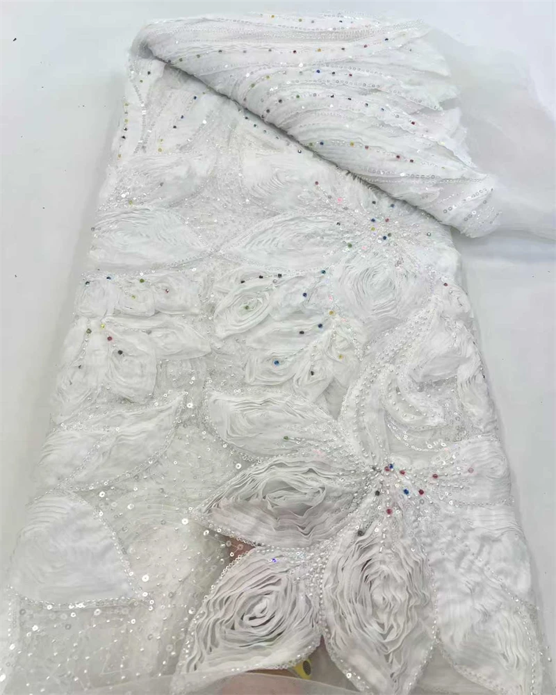

High Quality African Sequins Beaded Lace Fabric for Wedding Dress French Nigerian Style Embroidery