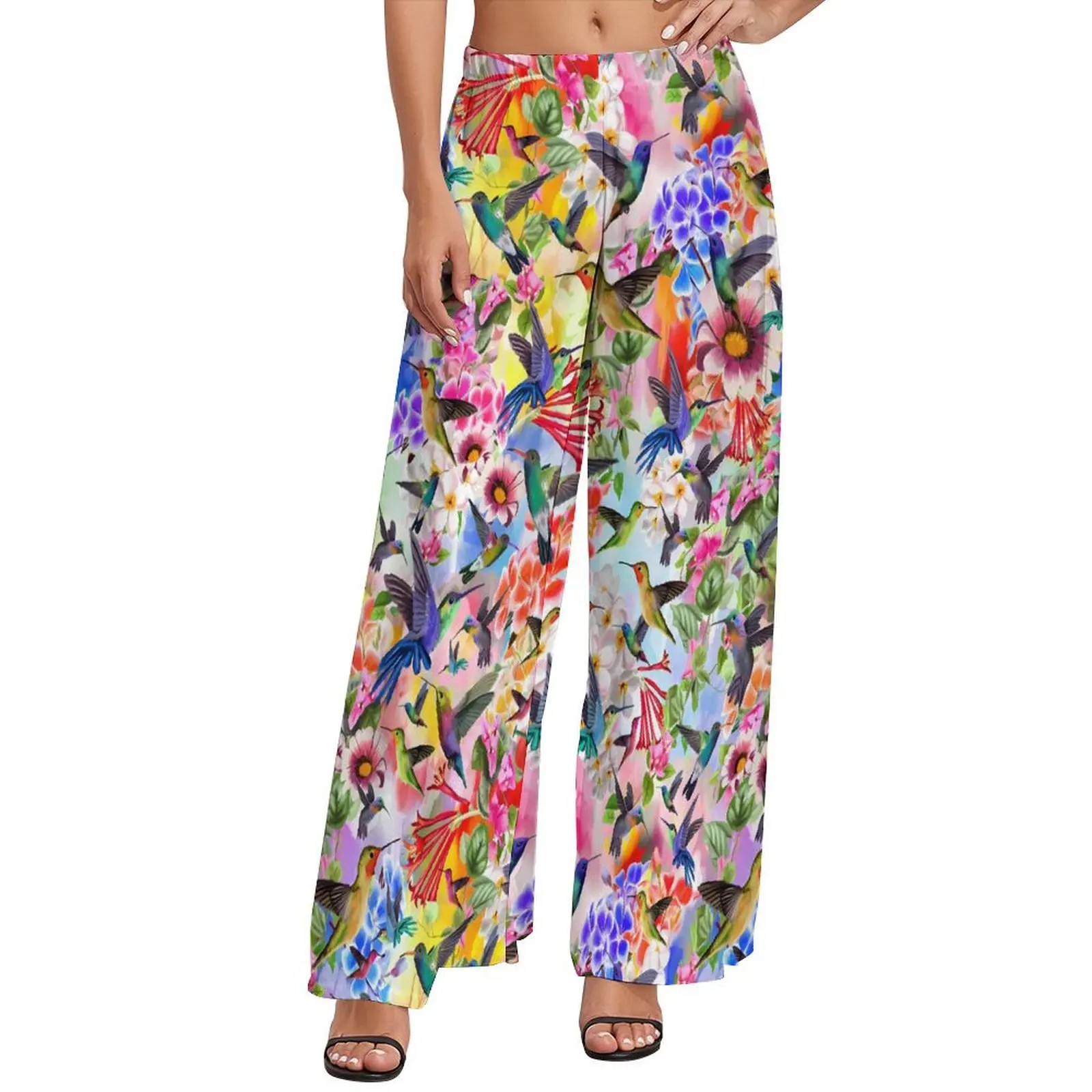 

Colorful Birds Flower Pants Bright Print Streetwear Straight Wide Pants High Waist Classic Trousers Big Size