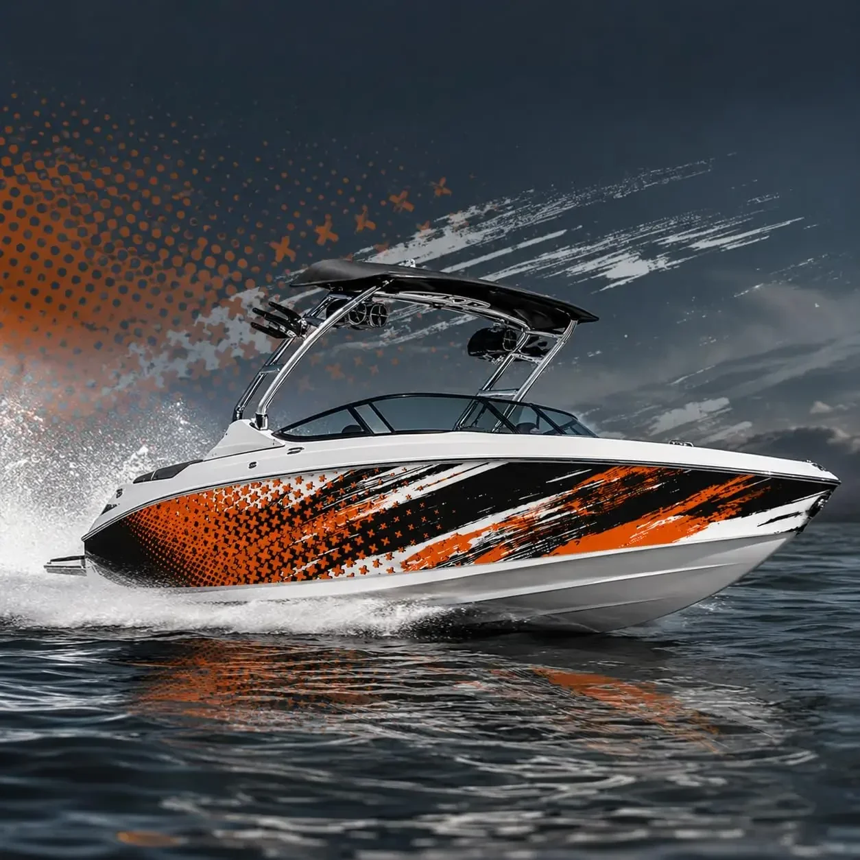 Orange Black and White Halftone Brush Graphic Stickers, 2-Piece Marine Side Wrap for Motorboats,