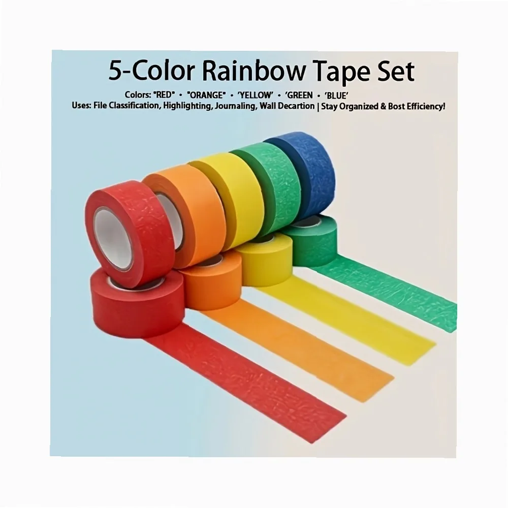 Multicolor Rainbow Washi Tape Set, 5 Colors Decorative Masking Tape for Journaling, Scrapbooking, DIY Crafts, Marking