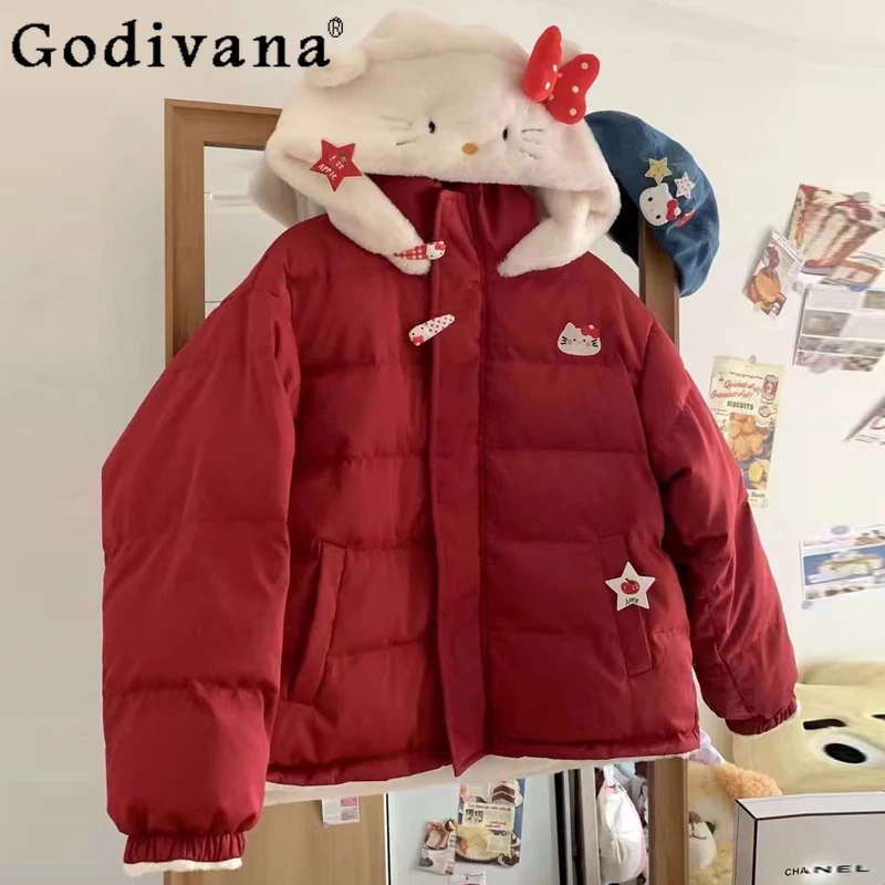 

Japanese Style Loose Thickened Double-sided Cotton Padded Coat for Women Girls Sweet Cartoon Print Student Hooded Down Parkas