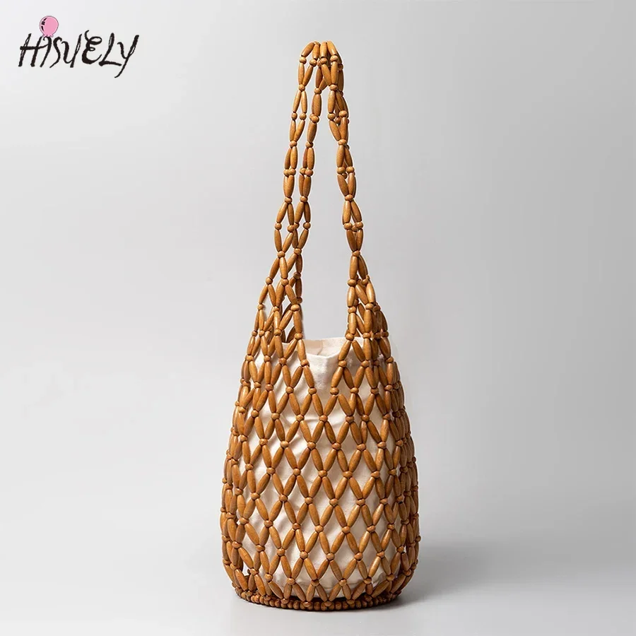 

Women Woven Tote Bag 2025 Summer Design Hollow-out Wooden Bead Bucket Shoulder Bag Female Reticulate Netted Canvas Beach Handbag