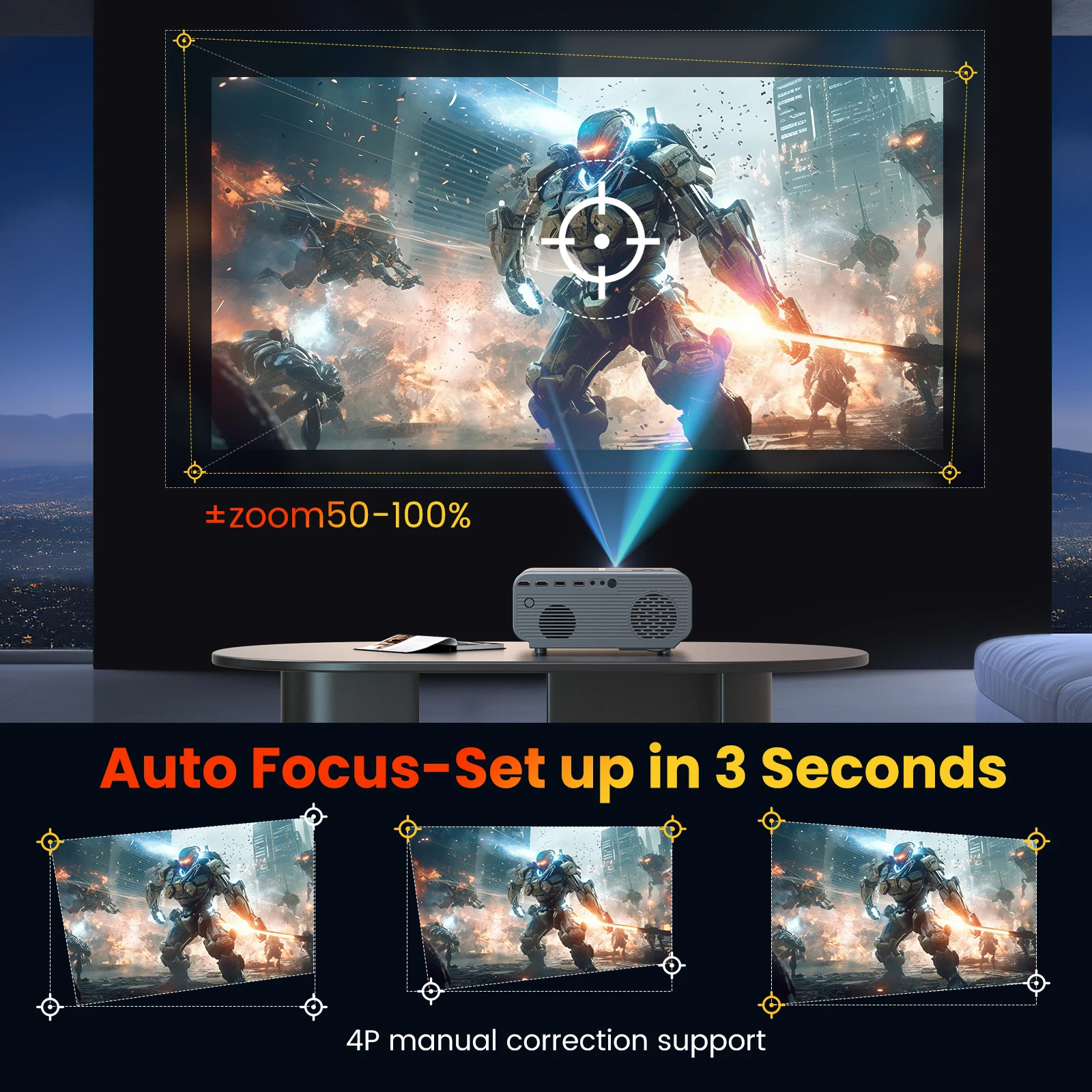 HAPPRUN Proyector de enfoque automático 1080P, 15000Lux, WiFi/Bluetooth, soporte 4K, Keystone 6D, zoom 50%, portátil, Compatible con HDMI/USB/AV/PS5