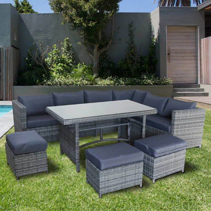 10 Seaters Garden Waterproof Furniture Disassembly Corner Pedal Stool Chairs Gray Rattan Outdoor Sofa Sets