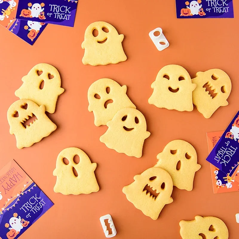 Halloween Ghost Cookie Embosser Mold Cartoon Cute Expression Cookie Cutter Set Fondant Frosting Biscuit Cake Decoration Tools