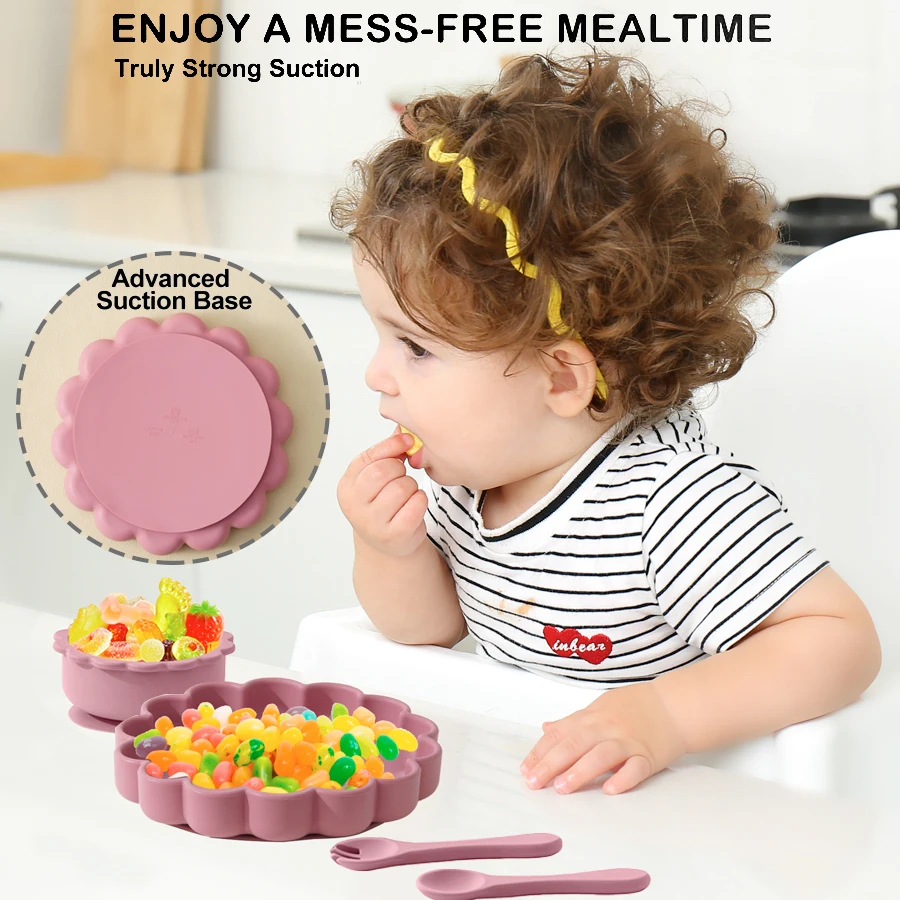 4PC Baby Silicone Tableware Set Cute Lion Shape Suction Plate Solid Color Spoon Fork  Training Baby Dishes Feeding Bowl Set