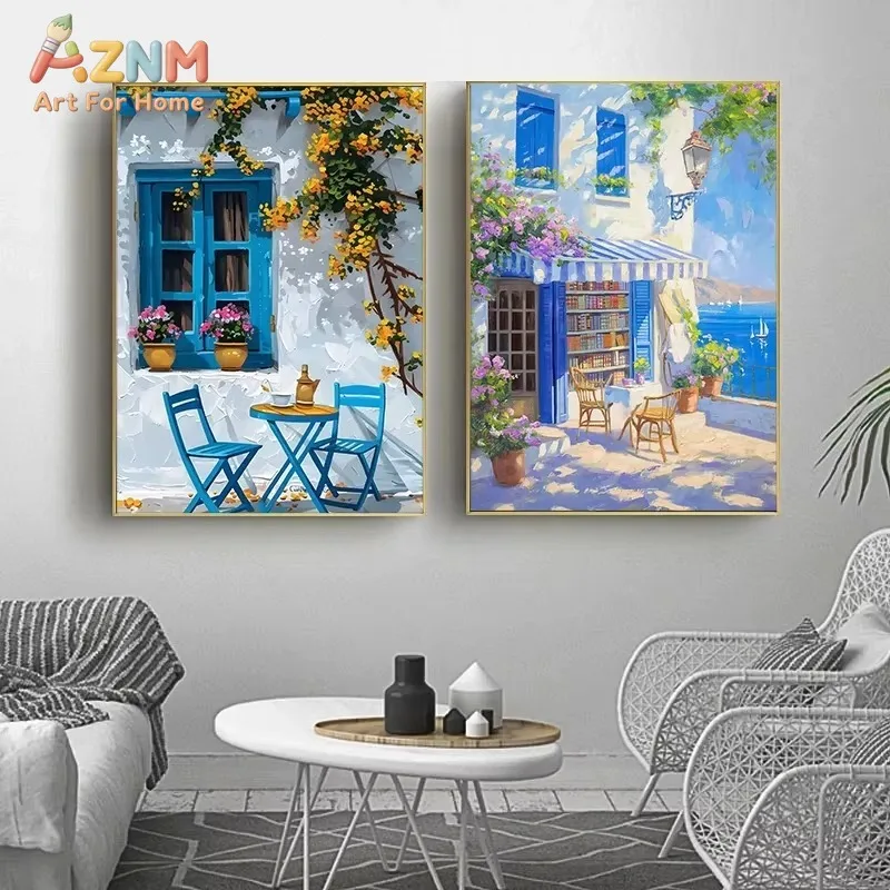 Unframed Mediterranean Coastal Town Canvas Wall Art Colorful Sea View Sunset Oil Painting Print Poster Living Room Decor Canvas