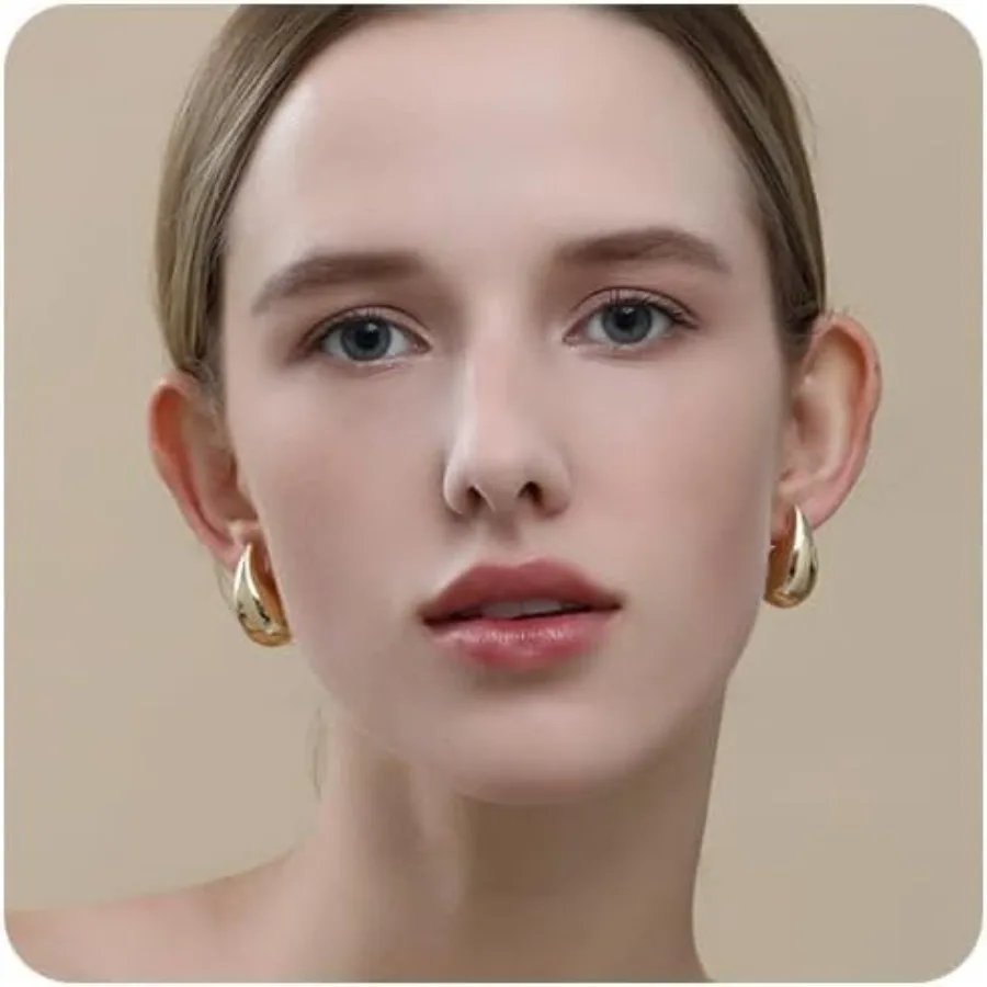 

Gold Teardrop Earrings for Women 14K Gold Plated Water Drop Earrings Not Allergic Chunky Gold Earrings Lightweight Trendy Hoop