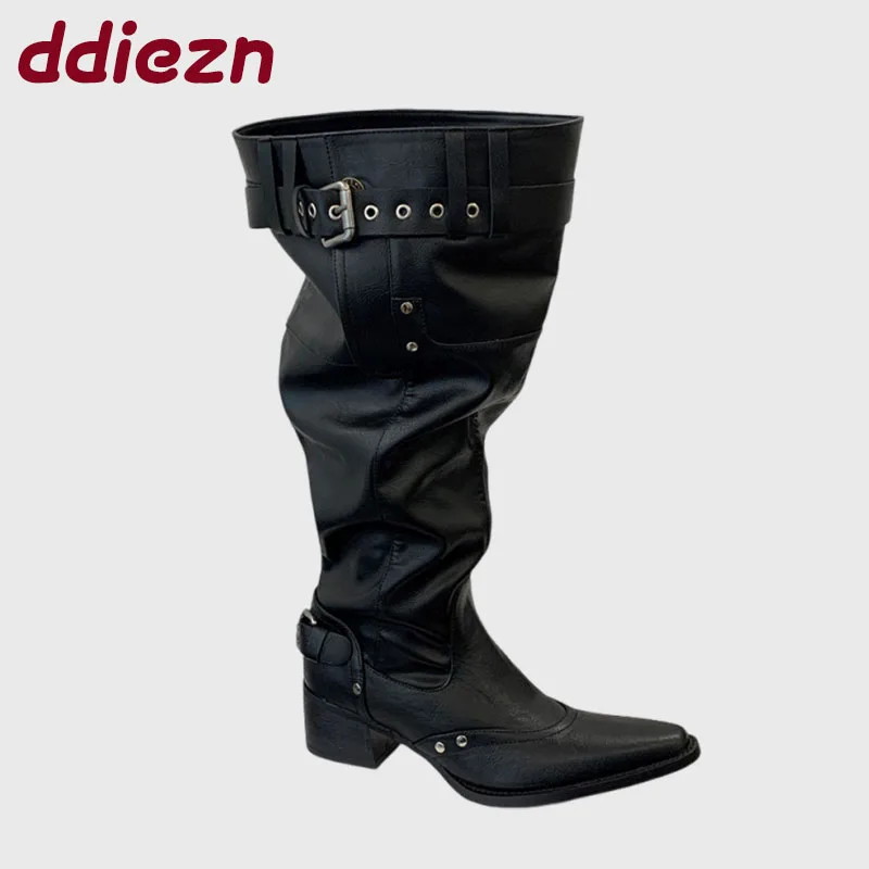 

2025 новые модные женские сапоги до колена с острым носком и каблуком, женская обувь без шнуровки, женские длинные ботильоны в стиле вестерн