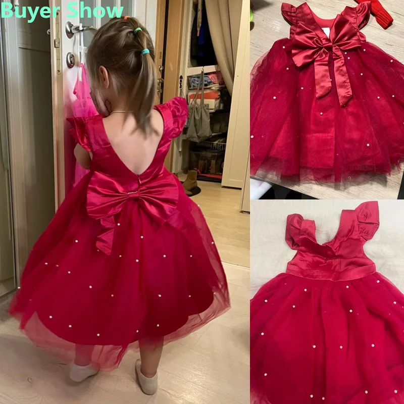 Elegant Princess Dress for Baby Girls 1st Birthday Weddings Tutu Gown Backless Bow Beading Tulle Pink Dress Toddler Kids Clothes