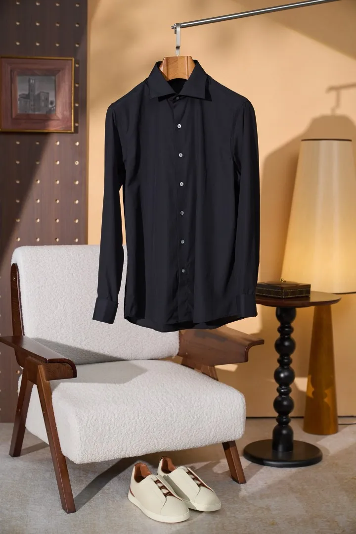 KITON Men's Black Vintage Style New Linen Long-Sleeve Moisture-Wicking Breathable Shirt