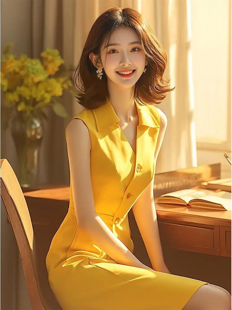 Women\'s Yellow Elegant Sleeveless Dress, Korean Fashion, Street Casual Summer Dress for Women, New, 2024