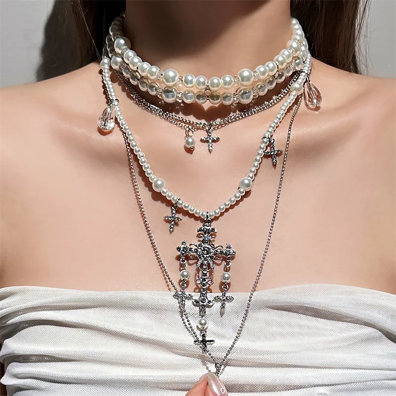 New Accessories Pearl Cross Necklaces Multi Layer Choker Set Charms Necklace For Women Fashion Necklace Punk Goth Jewelry Gift