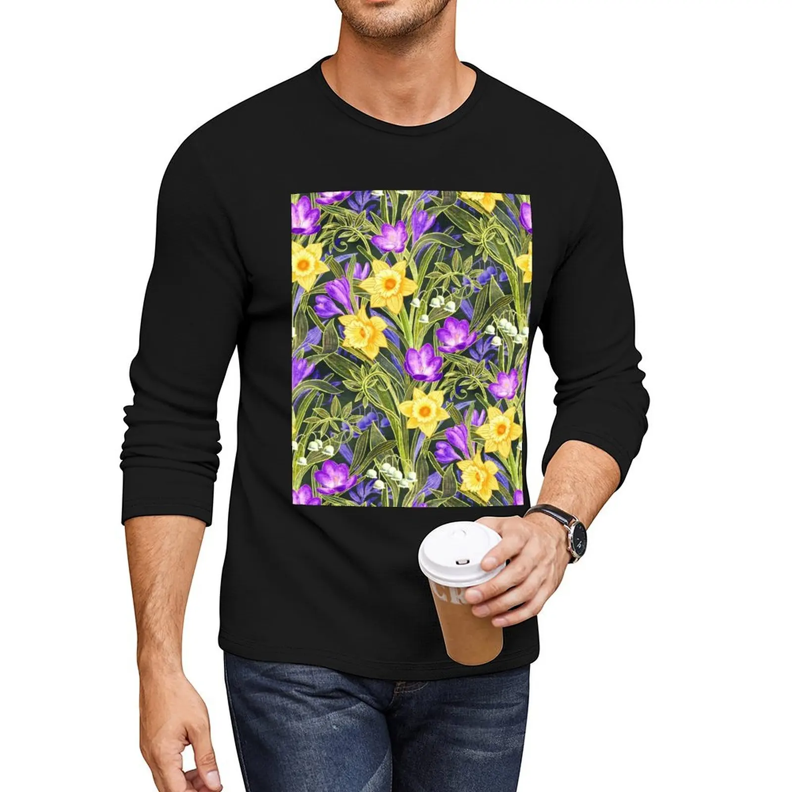 Spring Floral with Daffodils, Crocuses and Lily of the Valley on Dark Long T-Shirt funny t shirt t shirt man Blouse men clothing