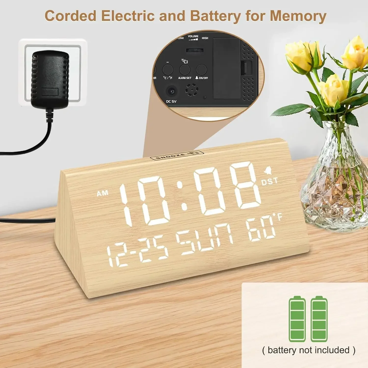 DreamSky Digital Alarm Clock for Bedrooms - Wooden Desk Clock with Date | Day of Week, USB Port, Temperature, Dimmer for Bedside Table, Living Room, Office, Adjustable Volume, Auto DST, Wood Decor