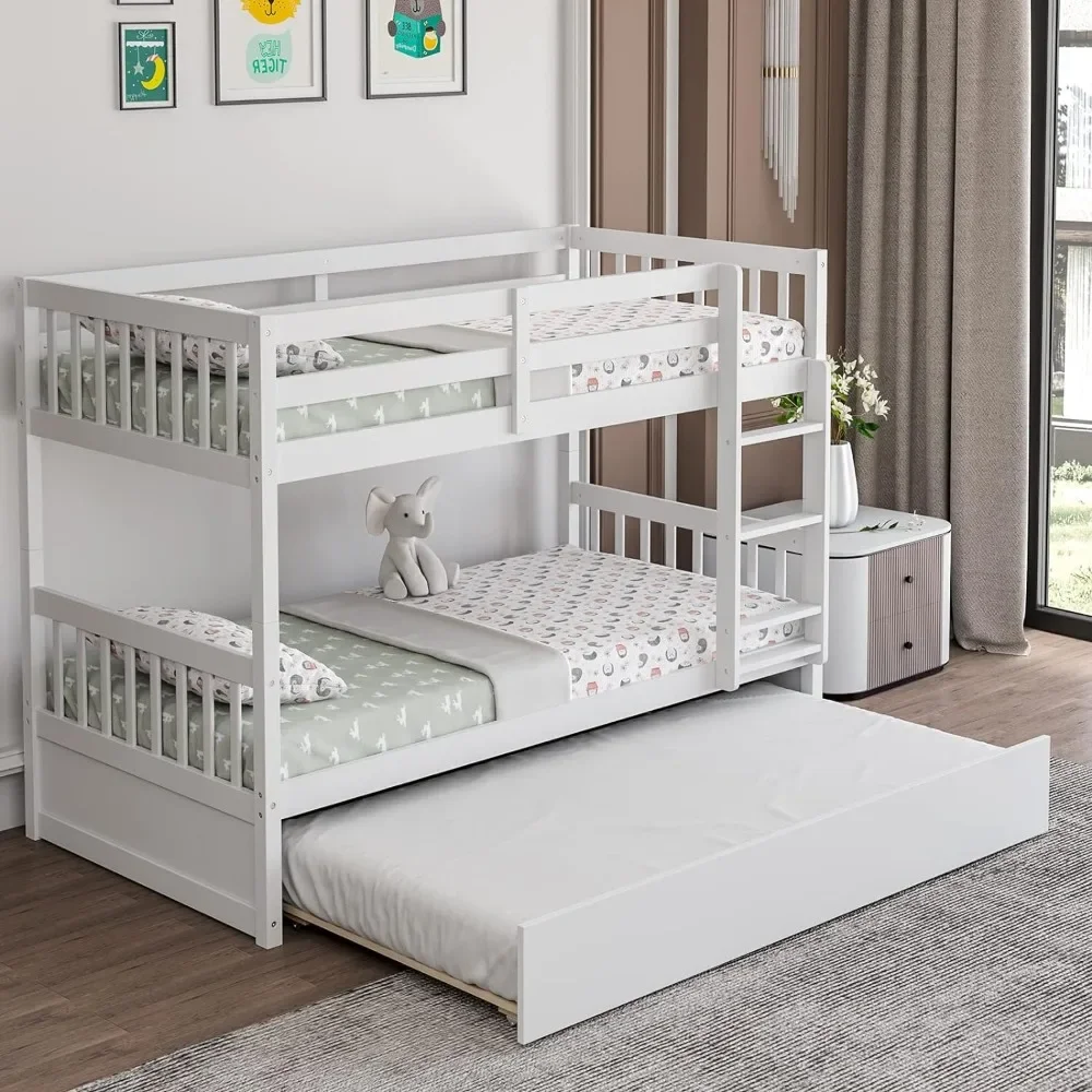 Twin Over Twin Bunk Bed with Trundle, Convertible Platform Bed Frame with Ladder & Solid Wood Frame,No Box Spring Needed, White