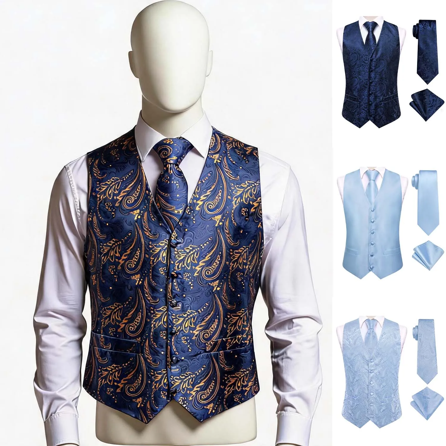 

Blue Waistcoat 3 Piece Set, Men Formal Vest with Matching Tie & Pocket Square for Wedding Business