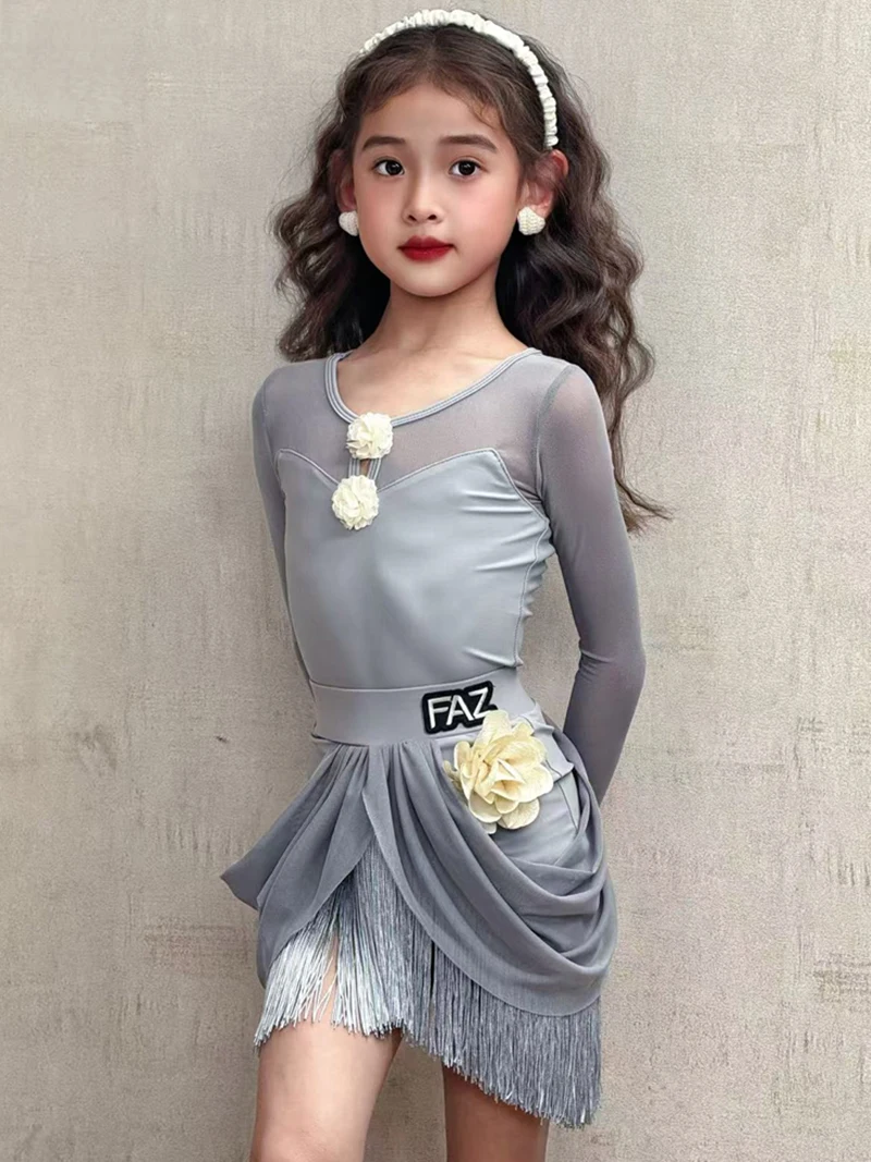 

Latin Dancewear Flower Kids Girls Long Sleeve Mesh Bodysuit and Tassels Skirt Samba Rumba Practice Competition Dance Costume