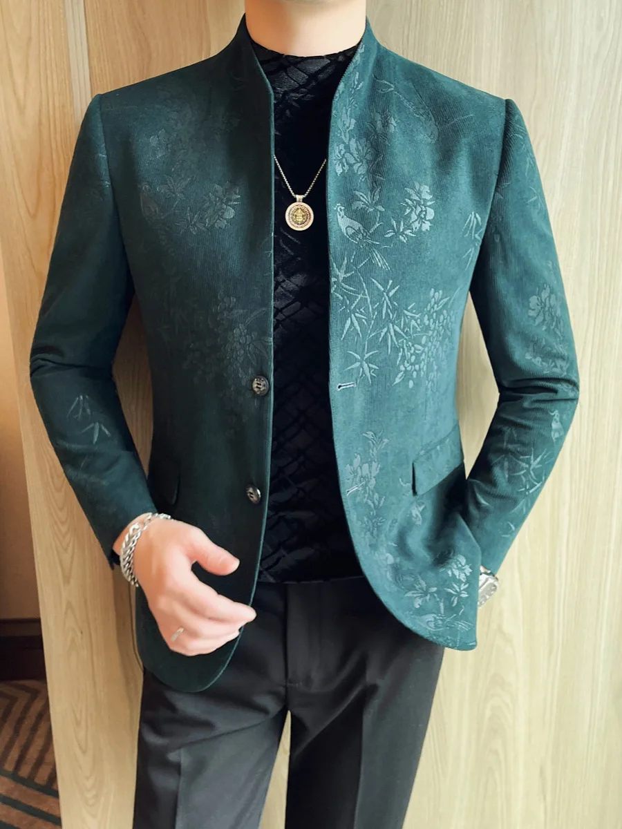 

Мужской костюм с воротником-стойкой, темный узор, приталенный, элегантный, в стиле «легкий люкс», пиджак на двух пуговицах