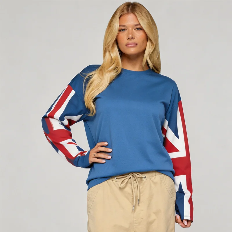 Men Women Grunge Hip‑Hop Y2k  Streetwear Going‑Out Union Jack Sleeve Graphic Crew Neck Loose‑Fit Long Sleeve T‑Shirt