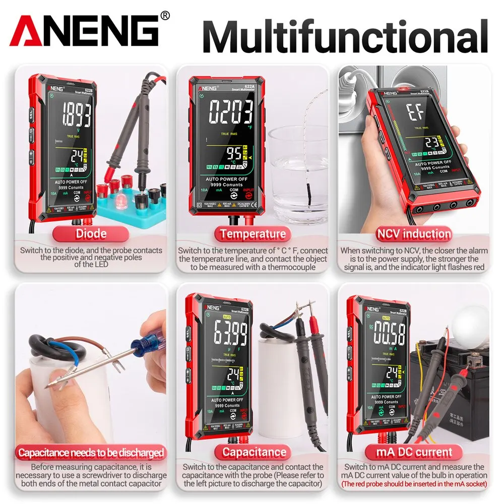 ANENG 622B Digital Smart multimetro 10A Tester Meter gamma automatica True RMS DC/AC 9999 Multitester con lampada Laser capacità Ohm