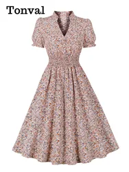 Tonval Multicolor Floral Casual Holiday Dresses for Women 2026 Summer V-Neck Buttons Elastic Waist Vintage Flare Dress