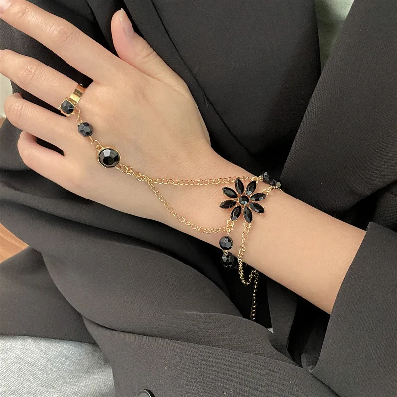 Romantic Gold Chain Lotus Bracelets for Women Bohemian Delicate Black Crystal Slave Harness Hand Bracelets Valentine's Day Gift