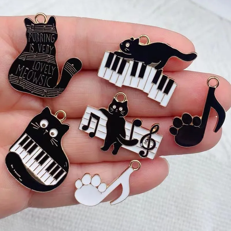 10pcs Enamel Charms Piano Music Cat Charms Animal Enamel Gold Color Metal Pendants DIY Necklace Bracelets Jewelry Making