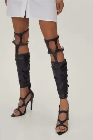 Summer Black Leather Gladiator Belt Buckle Hollow Cuts Out Thigh Boots Women Sexy Pointed Open Toe High Heel Over The Knee Boots