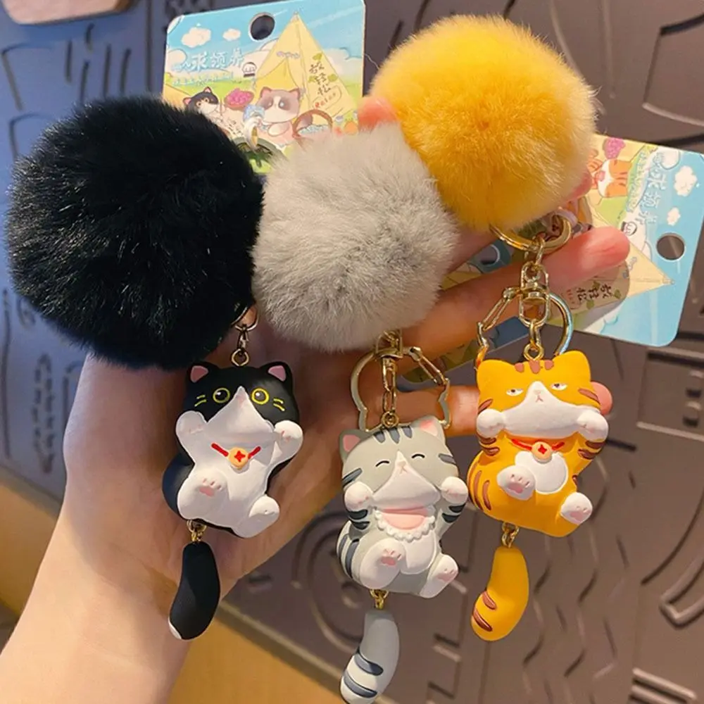 Kawaii With Fluffy Fur Ball Vitality Cat Keychain Trendy Cartoon Schoolbag Pendant Resin Cute Car Key Ring Students