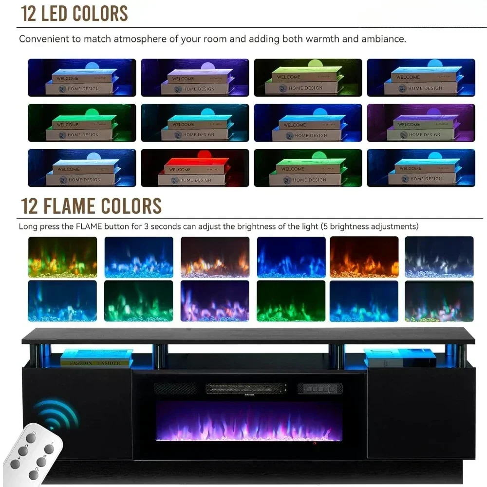 Electric Fireplace with LED Light, Entertainment Center, 2 Tier Console Stand for TVs Up to 80 \