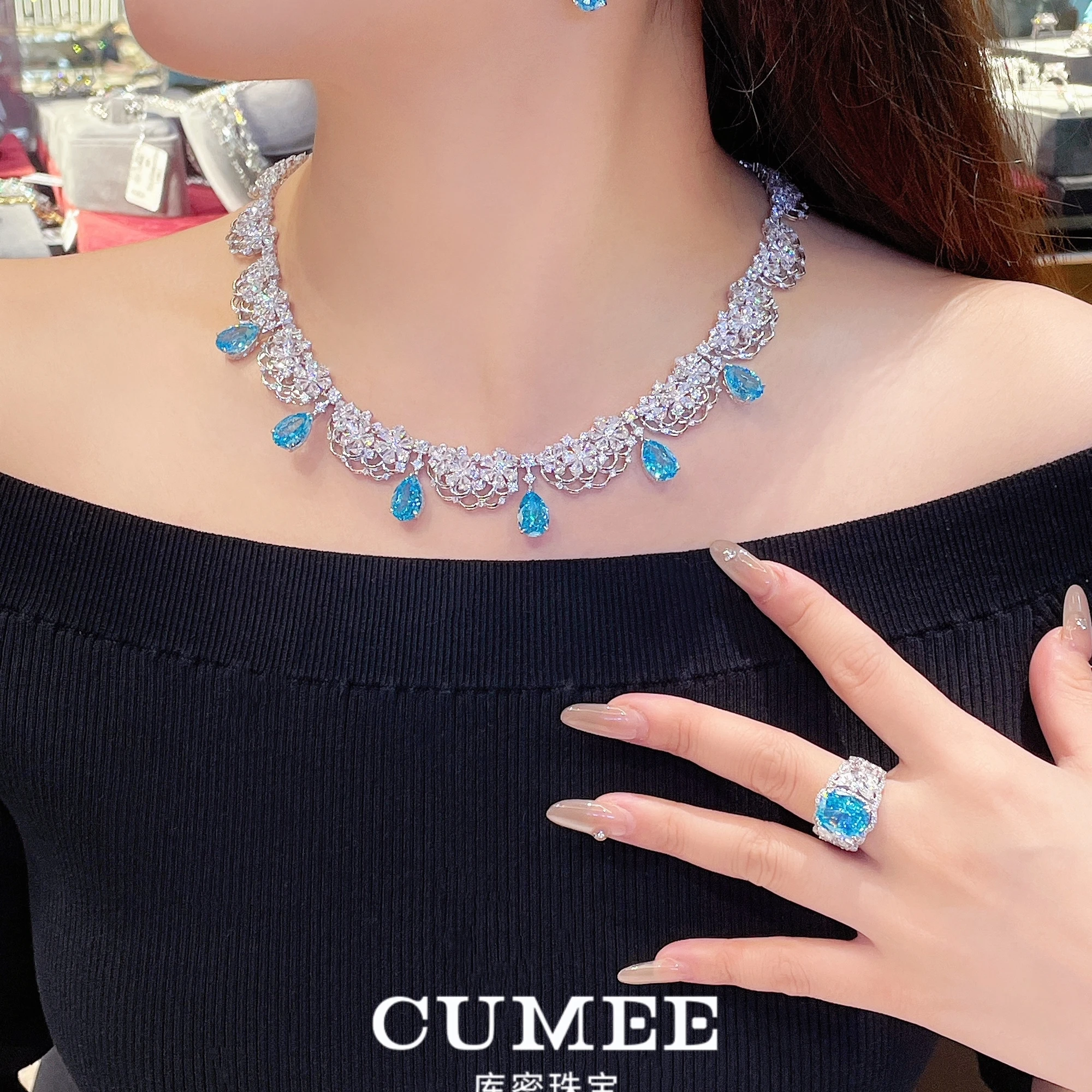 

CUMEE Brati Lace Design Dinner Style Lab Grown Gemstone Artificial Aquamarine Water Drop Necklace Earrings. Silver-plated Gold