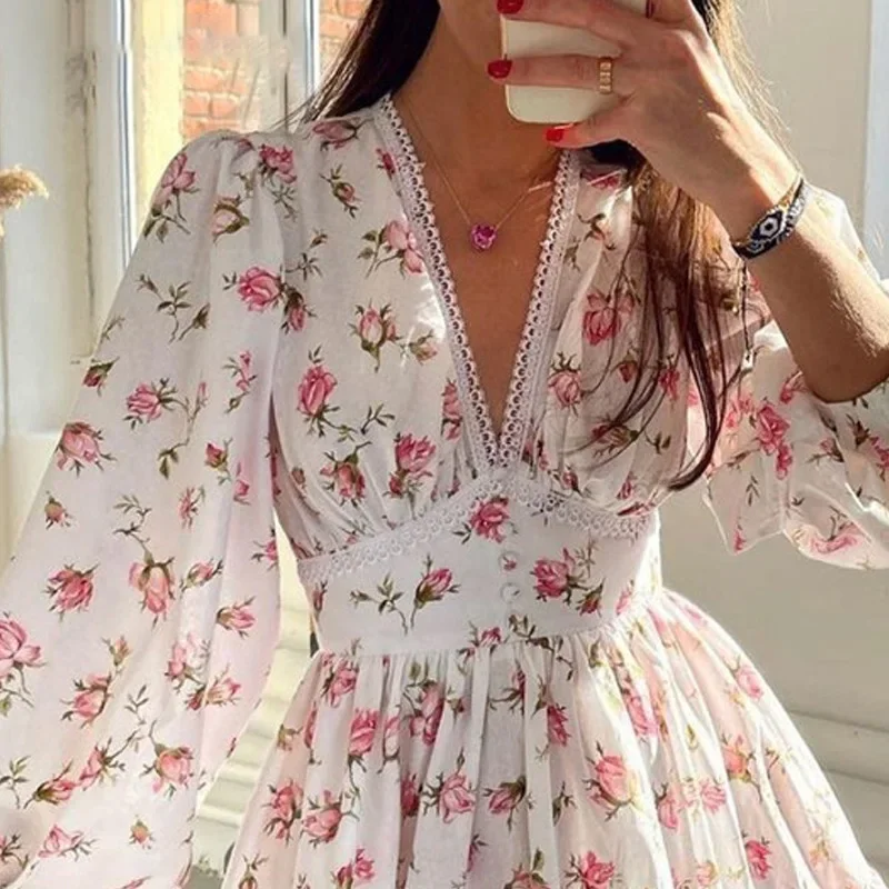 Vestido Vintage de manga larga de verano para mujer, Mini Vestidos de cóctel con estampado Floral, volantes, cuello en V, cintura alta