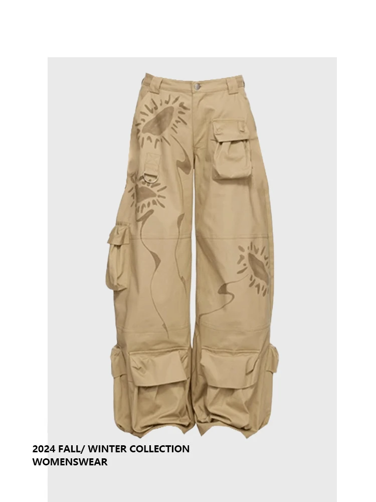 

American Retro Work Pants Women's Loose Wide Leg Trousers Multi-ket Khaki Spring New Sle Casual Faion Long Pants