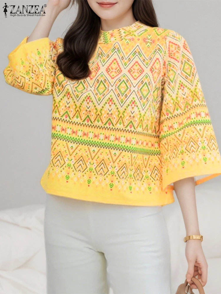 

ZANZEA Ethnic Geometric Ikat Print Blouses Woman 2025 Fall Round Neck 3/4 Sleeve Loose Blusas Mujer Casual Holiday Vintage Tops