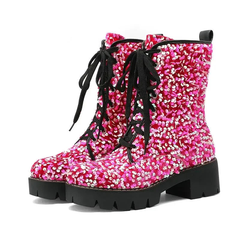 Sequins Bling Glitter Party Goth Shoes For Women Shiny Pink Blue Purple Lace-up Platform Chunky Heels Ankle Motorcycle Boots
