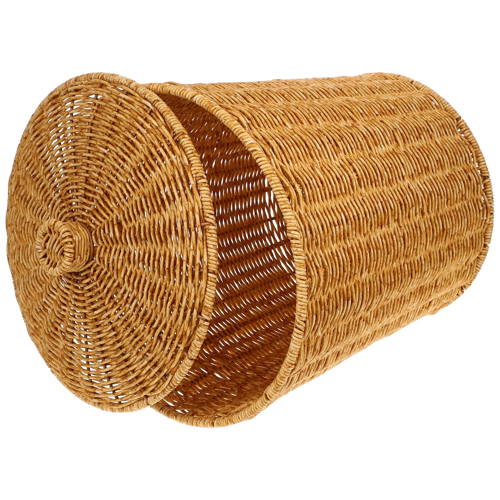 

Rustic Plastic Trash Can with Lid Imitation Rattan Sundries Basket Woven Storage Basket Bedroom Laundry Room Organizer